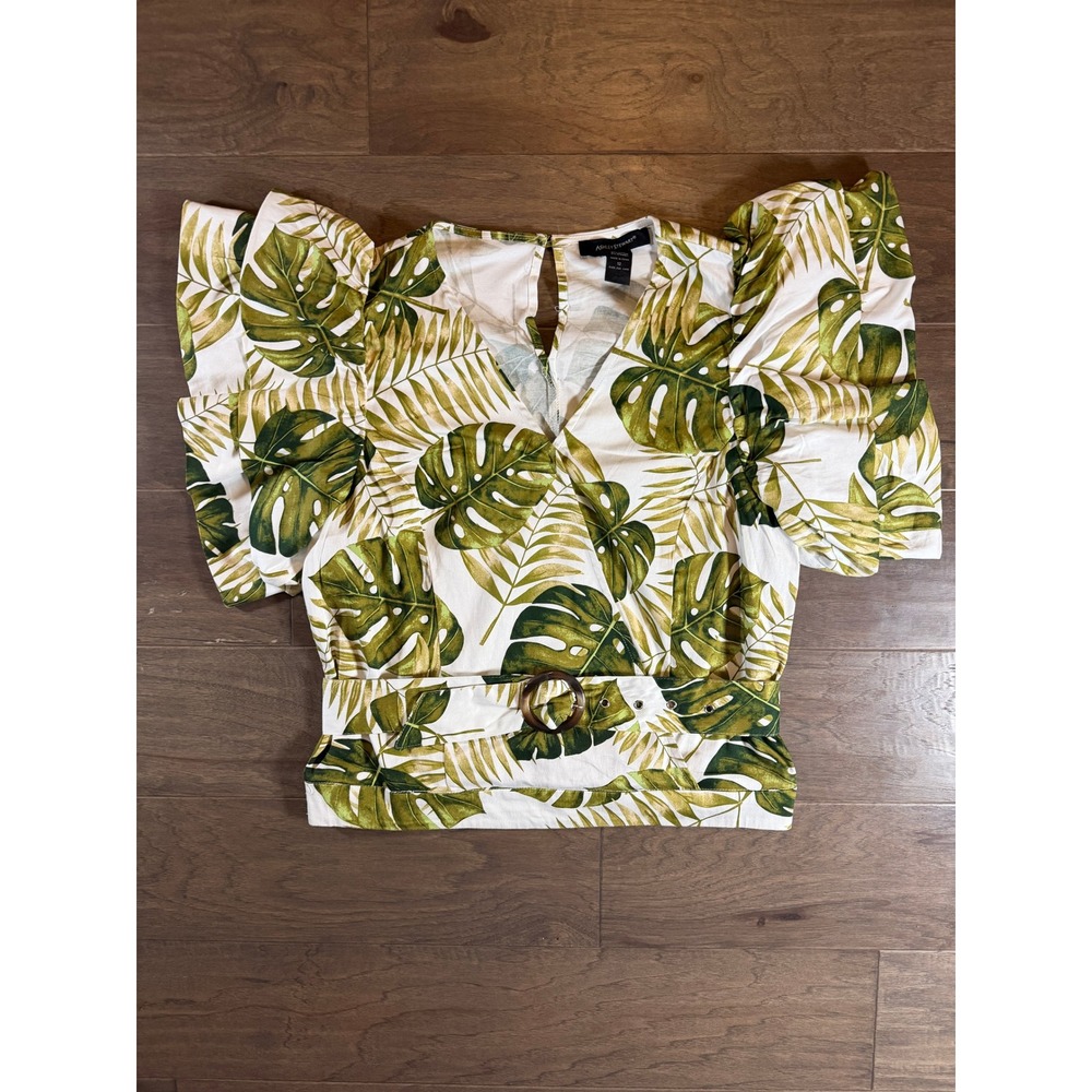Ashley Stewart Tropical Palm Leaf Ruffle Sleeve Belted Wrap Blouse Green 12